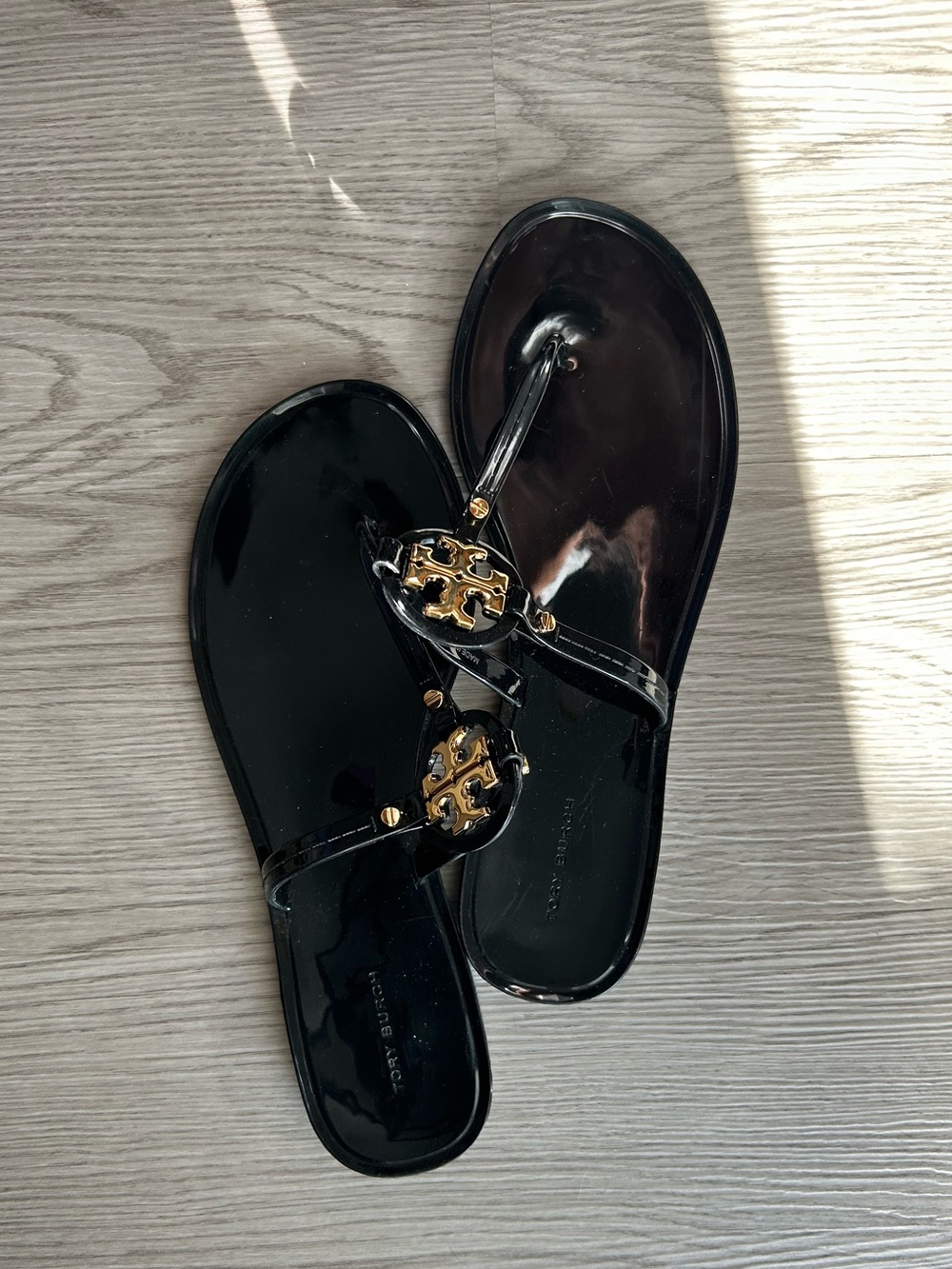 Tory Burch Black Patent Miller Jelly Thong Sandals with Gold Logo